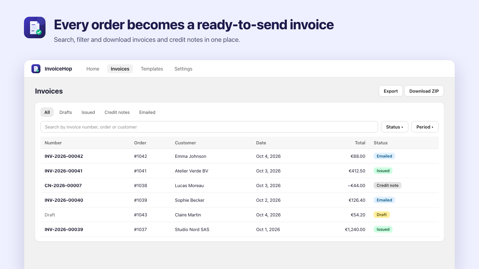 Invoices list with search, filters and status badges