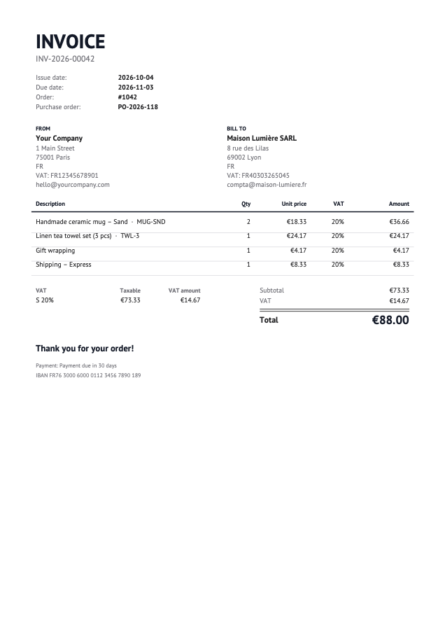 Sample PDF invoice INV-2026-00042 in the Classic design